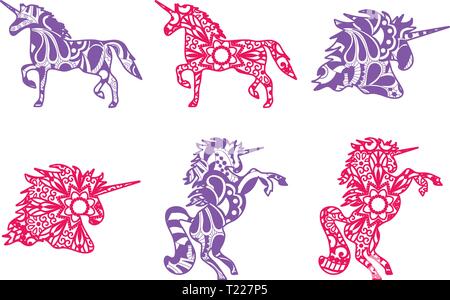 Satz von sechs Einhörner in Mandala Stil Stock Vektor