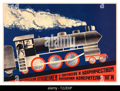 Vintage russisch-sowjetischen UDSSR Propaganda Poster' mit einem sozialistischen Haltung gegenüber der Lokomotive und Percussion, wir führen die Traktion ' Darstellung der Dampflok unter Volldampf gemessen bis Position Neigung Leningrad Zentralkomitee der Arbeitnehmer Transport 1931 Leningrad: Lithographie "Chromolite' - Farblithographie Stockfoto