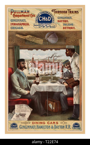 Jahrgang 1880 Rail Zug CH & D-Poster. Luxus amerikanischen Pullman Speisewagen Abteilwagen, durch Züge. Cincinnati, Indianapolis, Chicago. Cincinnati, Dayton, Toledo, Detroit. Innenraum der Speisewagen auf der Cincinnati, Hamilton & Dayton R.R. Werbung Plakat zeigt zwei Männer an einem Tisch in einem Speisewagen sitzen auf einem Zug von einem afrikanischen amerikanischen Porter serviert wird. Stockfoto