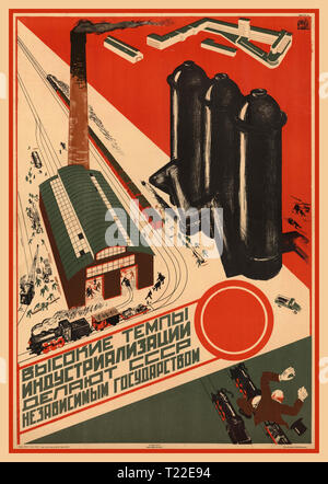 Vintage UdSSR Sowjetische Sowjetunion politische Propaganda Poster 1930 „hohe Industrialisierungsraten machen die UdSSR zu einem unabhängigen Staat“ UdSSR Sowjetisches Russland Sowjetunion Stockfoto