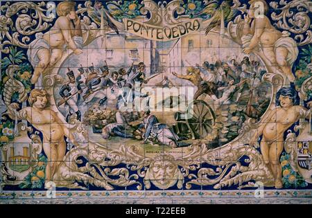 REPRESENTACION DE PONTEVEDRA - ESCENA DE LA GUERRA DE LA INDEPENDENCIA - MOSAICO DE LA PLAZA DE ESPAÑA DE SEVILLA - SIGLO XX. Ort: España. Sevilla. Sevilla. Spanien. Stockfoto