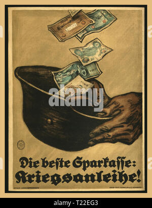 Vintage Weltkrieg 1 Deutsche Propaganda Poster' Die besten Sparkasse - der Krieg Darlehen!' 'Die beste Sparkasse: Kriegsanleihe!' 1917 Vintage WK1 Deutsche Propaganda Poster zeigt eine Hand mit Helm eines Soldaten in das Geld fällt. Stockfoto