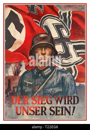 Vintage WW 2 nationalsozialistischen Deutschland 1940 Propagandaplakat Whermacht Soldat mit dem nationalsozialistischen Hakenkreuz Flagge" der Sieg wird unser" "DER SIEG WIRD UNSER SEIN!" Stockfoto