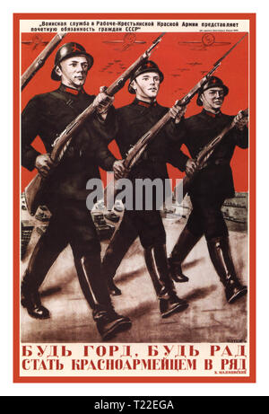 Vintage WW 2 Russische Propaganda Poster Großen Vaterländischen Krieg (Plakate der UDSSR) Russische WW2 1930' freuen sich und sind stolz auf Rang zu stehen, mit Soldaten der Roten Armee durch Ihre Seite 'Vintage sowjetischen Poster über den Großen Vaterländischen Krieg in der UDSSR und der Roten Armee mit den Sieg über die faschistischen Nazi-deutschland. Gustav Klucis Farblithographie Stockfoto