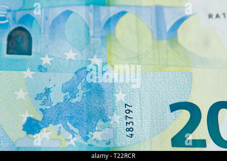 Nahaufnahme der neuen Banknoten von zwanzig Euro Hintergrund. Stockfoto