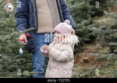 Glücklich mit Vater Dekoration Weihnachtsbaum auf einer Plantage Stockfoto