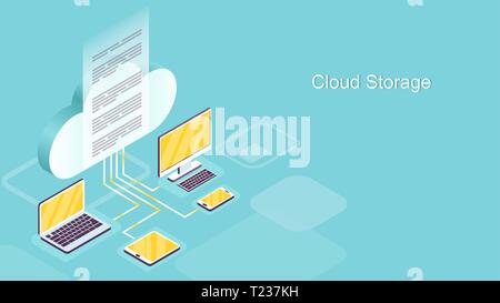 Cloud Storage Konzept. Isometrische Vektor von mehreren modernen vernetzten Gadgets Stock Vektor