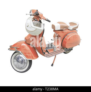 Vintage scooter mit Helm getönt im Schatten der Lebende Korallen auf Weiß isoliert. Stockfoto