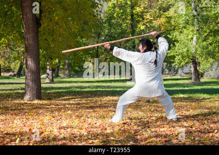 Kung Fu Master mit Stick in einer Kampfposition. Stockfoto