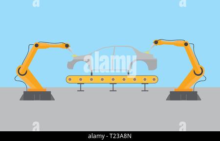 Automatisierte auto Produktionsprozess mit roboterschweißen Arm Stock Vektor