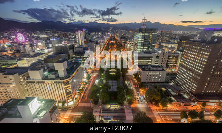 Panoramablick auf die Skyline von Sapporo. Bezirk Odori Park, Hokkaido, Japan. Stockfoto