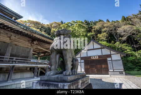 Stadt Hakodate, Hokkaido, Japan - 13. Mai 2016: Komainu (Lion-dog Statue) die Bewachung der Hakodate Hachimangu Shinto Schrein in Yachigashiracho st Stockfoto