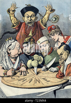 "China, der Kuchen der Könige und Kaiser" eine Illustration aus "Le Petit Journal", 16. Januar 1898. Von Henri Meyer (1841-1899) . Von links nach rechts: Königin Victoria, Kaiser Wilhelm II. Und Zar Nicolas II., Marianne von Frankreich, japanischer Samurai. Stockfoto