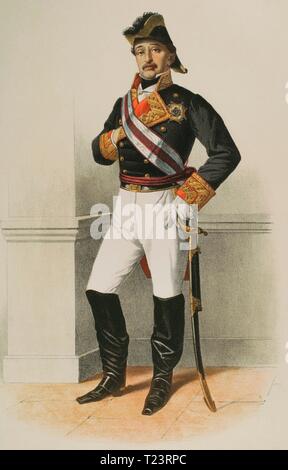 Caballero con distinción Militar de la Gran Cruz de la Real y Militar Orden de San Hermenegildo, creada por Fernando VII. Cromolitografía. Historia de las Ordenes de Caballería y de las Condecoraciones Españolas. Madrid, 1865. Biblioteca Histórico Militar de Barcelona, Cataluña, Spanien. Stockfoto