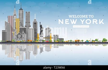 Nach New York USA Skyline mit grauen Gebäude willkommen, blauer Himmel und Reflexionen. Vector Illustration. Reise und Tourismus Konzept. Stock Vektor