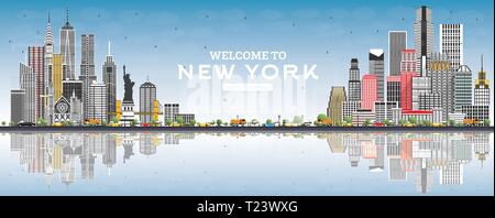 Nach New York USA Skyline mit grauen Gebäude willkommen, blauer Himmel und Reflexionen. Vector Illustration. Reise und Tourismus Konzept. Stock Vektor