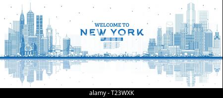 Überblick Willkommen bei New York USA Skyline mit blauen Gebäude und Reflexionen. Vector Illustration. Business Travel und Tourismus Konzept. Stock Vektor