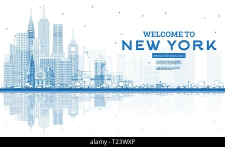 Überblick Willkommen bei New York USA Skyline mit blauen Gebäude und Reflexionen. Vector Illustration. Business Travel und Tourismus Konzept. Stock Vektor