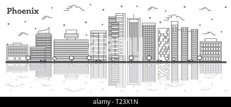 Übersicht Phoenix Arizona Skyline der Stadt mit modernen Gebäuden und Reflexionen isoliert auf Weiss. Vector Illustration. Stock Vektor