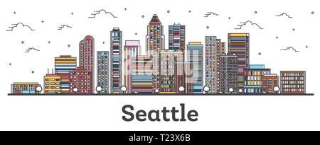 Umrisse Seattle Washington City Skyline mit Farbe Gebäude isoliert auf Weiss. Vector Illustration. Seattle USA Stadtbild mit Sehenswürdigkeiten. Stock Vektor