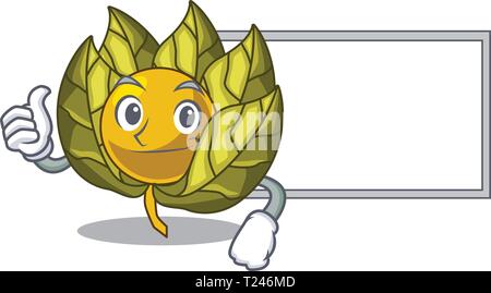 Daumen hoch mit Board physalis Früchte in einer Cartoon Schüssel Stock Vektor