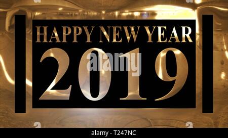 Golden und glänzend, Text von "FROHES NEUES JAHR 2019" mit goldenem Rahmen und dunklen schwarzen Hintergrund Stockfoto
