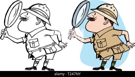 Ein männlicher Explorer etwas mit einer Lupe. Stock Vektor