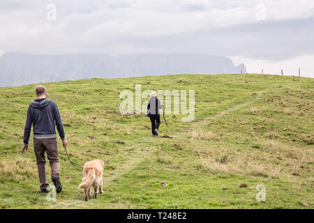 Österreich, Tirol, Kaisergebirge, Mutter und erwachsener Sohn mit Hund auf eine Wanderung in den Bergen Stockfoto