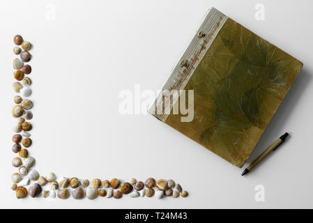 Rahmen aus Muscheln mit Ferien Tagebuch auf weißem Hintergrund. Sommer Dekoration. Stockfoto