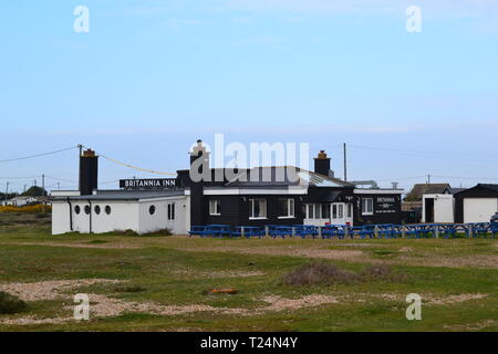 Das Britannia Inn, das hat großartige Einrichtung und Essen in Dungeness in der Nähe der alten Leuchtturm und Dymchurch railway Terminus. In der Nähe des Ärmelkanals. Stockfoto