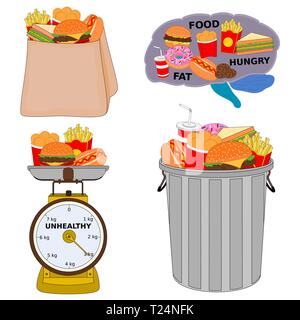 Fast food Menü Konzept isoliert, Icon Set Stock Vektor