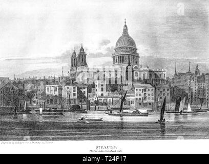 Eine Gravur der St Pauls Kathedrale (die Aussicht von der Bank Seite übernommen) London UK gescannt und in hoher Auflösung aus einem Buch 1814 veröffentlicht. Stockfoto