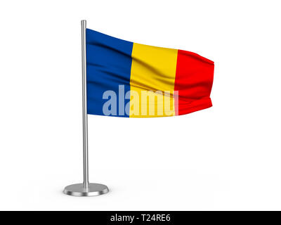 Flatternde Fahne Rumänien auf einem weißen Hintergrund. 3D-Darstellung. Stockfoto