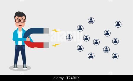 Junger Mann zieht Anhänger mit einem Magneten. Kundenbindung Strategie. Beeinflusser. Social Media Marketing Konzept. Vector Illustration, Clipart. Stock Vektor