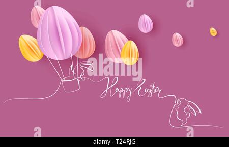 Frohe Ostern Karte. Süße hand Kaninchen mit heissluftballon als Eier geprägt. Vektor Papier desing Abbildung. Kontinuierliche eine Zeile Stil. Stock Vektor