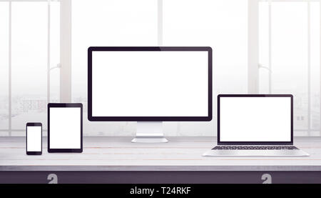 Reaktionsschnelle Anzeigegeräte mockup. Schreibtisch, Web Design Studio. Isplated Display für web design Promotion. Stockfoto