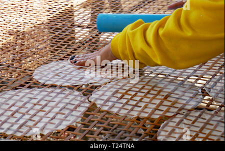 In Battambang, Kambodscha, durchscheinend Reispapier Blätter auf einer Rattan und Bambus Gitter Rahmen bereit zum Trocknen in die Sonne gelegt. 10-12-2018 Stockfoto