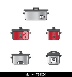Satz von Vector Illustration Slow Cooker für Reis und andere Lebensmittel in der Küche vorbereiten flache Design Stil Stockfoto