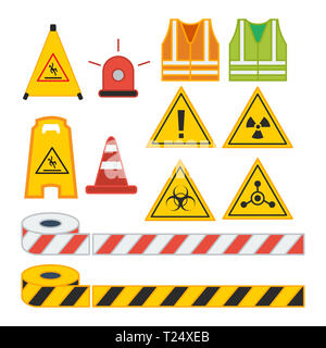 Satz von Vector Illustration Warnschild für Sicherheitseinrichtungen weste Drehlichtschalter mit Kegel und Line flach Design Stil Stockfoto