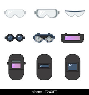 Satz von Vector Illustration Schutzbrille und Schweißhelm für Augenschutz in der industriellen Bau und Metall, das flache Design Stil Stockfoto