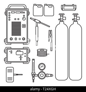 Satz von Vector Illustration gas schweißen Argon Maschine mit Regler tank Fackel für industrielle Bau und Metall, das flache Design Stil silhoue Stockfoto