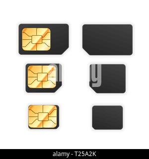 Satz von Schwarz Standard-, Mikro- und Nano-SIM-Karte für Handy mit golden glänzende Chip von beiden Seiten isoliert auf weißem Stock Vektor
