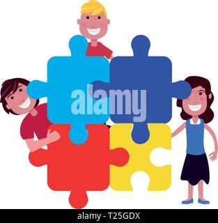 Glückliche Jungen und Mädchen Puzzle-Stücke Autismus Bewusstsein Tag Vektor Abbildung Stock Vektor
