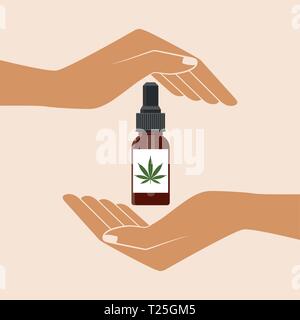Hände, die Hanf Öl in eine Flasche. Die medizinische Verwendung von Cannabis Öl. CBD öl Cannabisextrakt. Natürliche Hanföl. Symbol Produkt Label und Logo grafische Vorlage. Ist Stock Vektor