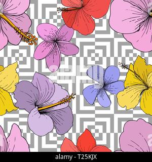 Vektor Hibiskus Blumen tropische Blumen. Graviert Tinte Kunst auf weißem Hintergrund. Nahtlose Muster. Stock Vektor
