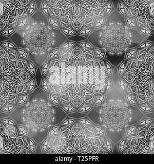 Silber Mandala nahtlose Muster. Schwarzen und grauen Farbverlauf Hintergrund. Boho bunte Vektor Illustration. Stock Vektor