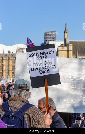 Westminster, London, UK, 29. März 2019; Rückansicht des Pro-Brexit Demonstrators im Parlament Platz während der März zu verlassen Rally Holding Plakat Stockfoto