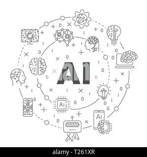 Ki (Künstliche Intelligenz) Infografik Banner. Neuronales Netz, Kybernetik, futuristisch, Robotik Maschinen- und vertieftes Lernen. Editierbare Schlaganfall. EPS 10. Stock Vektor