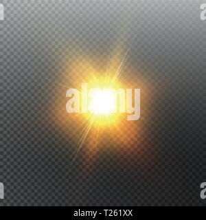 Hell strahlende Sonne auf schwarzem Hintergrund isoliert. Glow Light Effect. Vector Illustration Stock Vektor