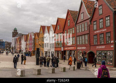 Historische Gebäude in Bryggen, den alten Teil des die Stadt Bergen in Norwegen. Stockfoto